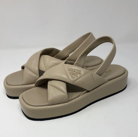 Prada Beige Leather Platform CrissCross Slingback Sandals