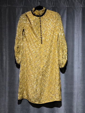 Lela Rose Yellow and Silver Metallic Long Sleeve Shift Dress with Back Crew Neck