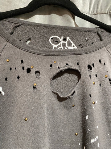 Chaser Grey Ripped Splatter Paint Sweatshirt
