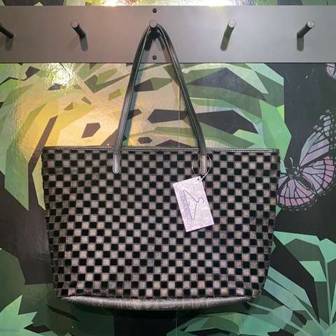 Etro Black Velvet and Leather Mini Checkerboard Top Zip Tote Bag
