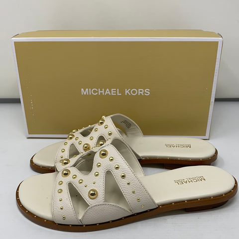 Michael Kors White Leather Annalee Slide with Gold Studs