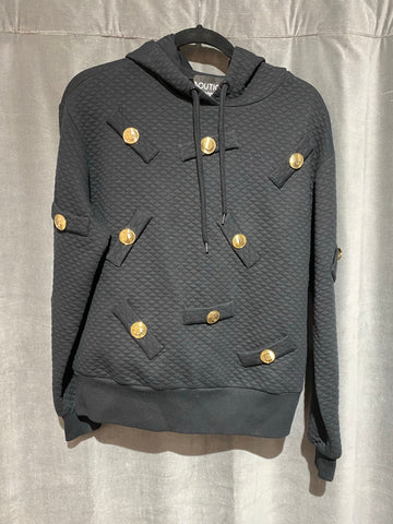 Moschino Black Quilted Hooded Sweatshirt with Gold Buttons