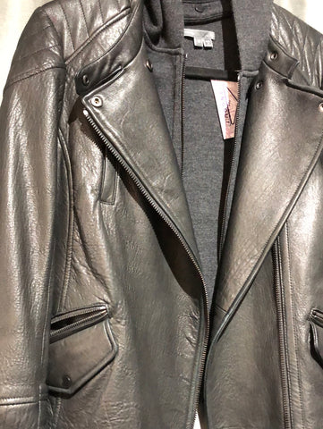 VINCE Black Leather Moto Hooded Jacket with Grey Zipout Sweater