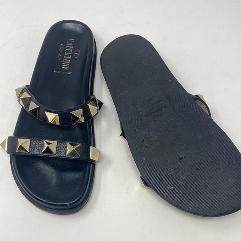 VALENTINO Black Leather Rockstud Two Strap Slide with Stud