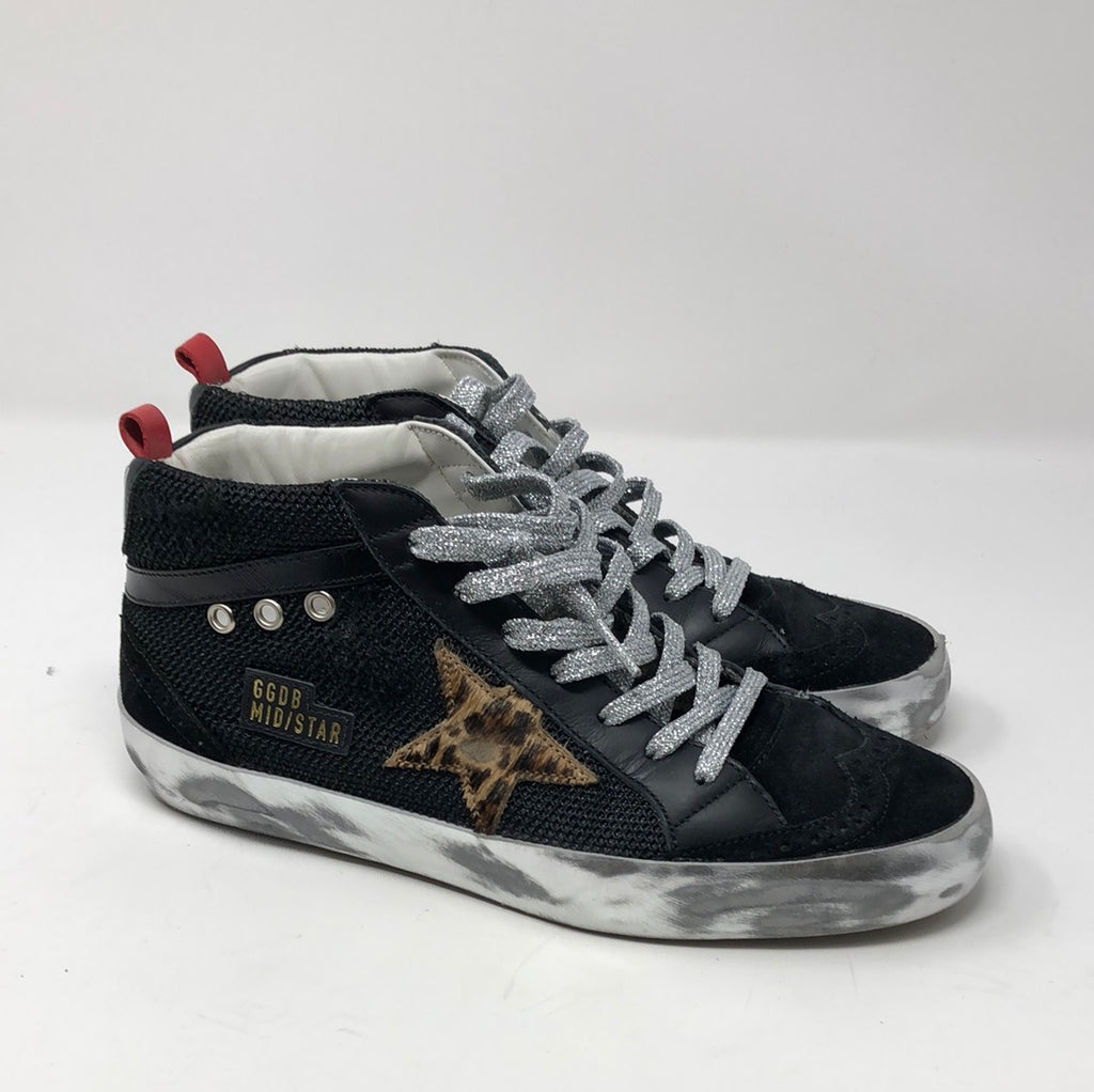 Golden Goose Mid Star Black Sneaker with Leopard Star