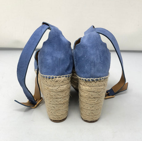 CHLOE Peep Toe Ankle Strap Blue Suede Wedge Espadrilles