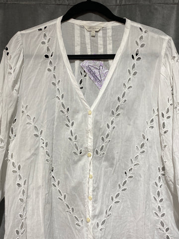 Lucky Brand White Cotton Cut Out Floral Long Sleeve Blouse