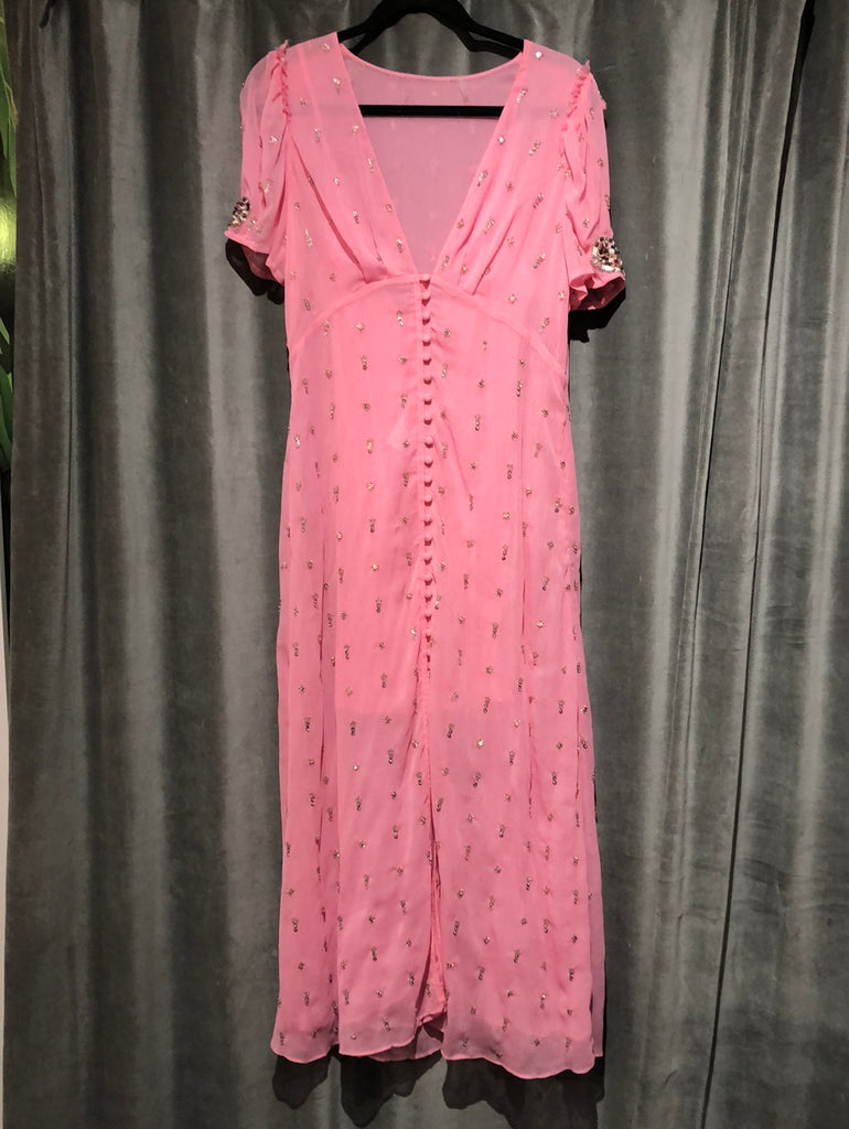 Love Shack Fancy Pink Short Sleeve Sheer Maxi Dress with Crystal and S –  The Hangout