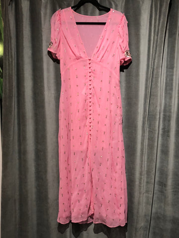Love Shack Fancy Pink Short Sleeve Sheer Maxi Dress with Crystal and Sequin Accent