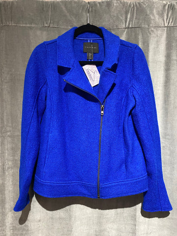 Tahari Blue Textured Wool Moto Jacket with Zipper Sleeves
