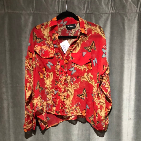 The Kooples Red Soie-Silk Long Sleeve Blouse with Butterfly Design