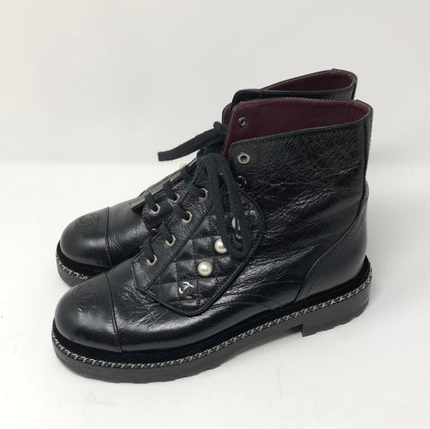 Chanel Black Crackled Calfskin Velvet Pearl Combat Short Boots
