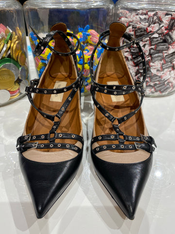 Valentino Black and Nude Leather Ankle Strap Kitten Heel