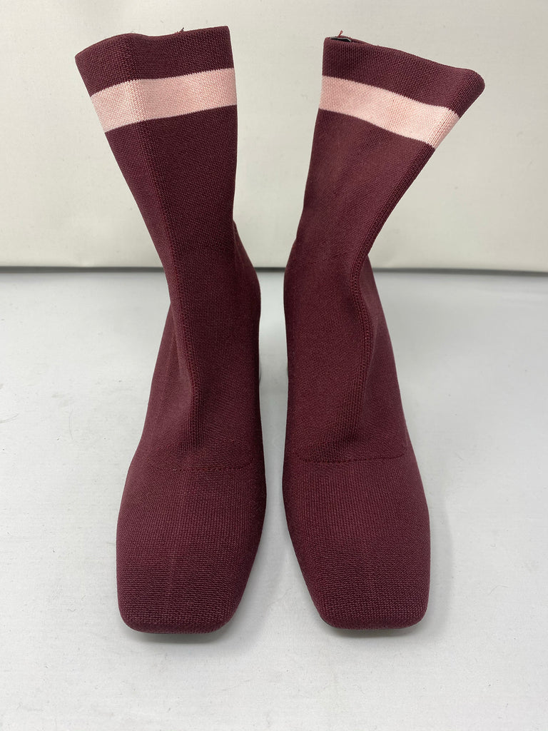 Zara Trafaluc Burgundy Block Heel Sock Boot with Pink Stripe