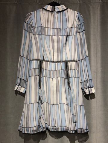 BORA AKSU CHIFFON Striped White Blue and Grey Long Sleeve Dress