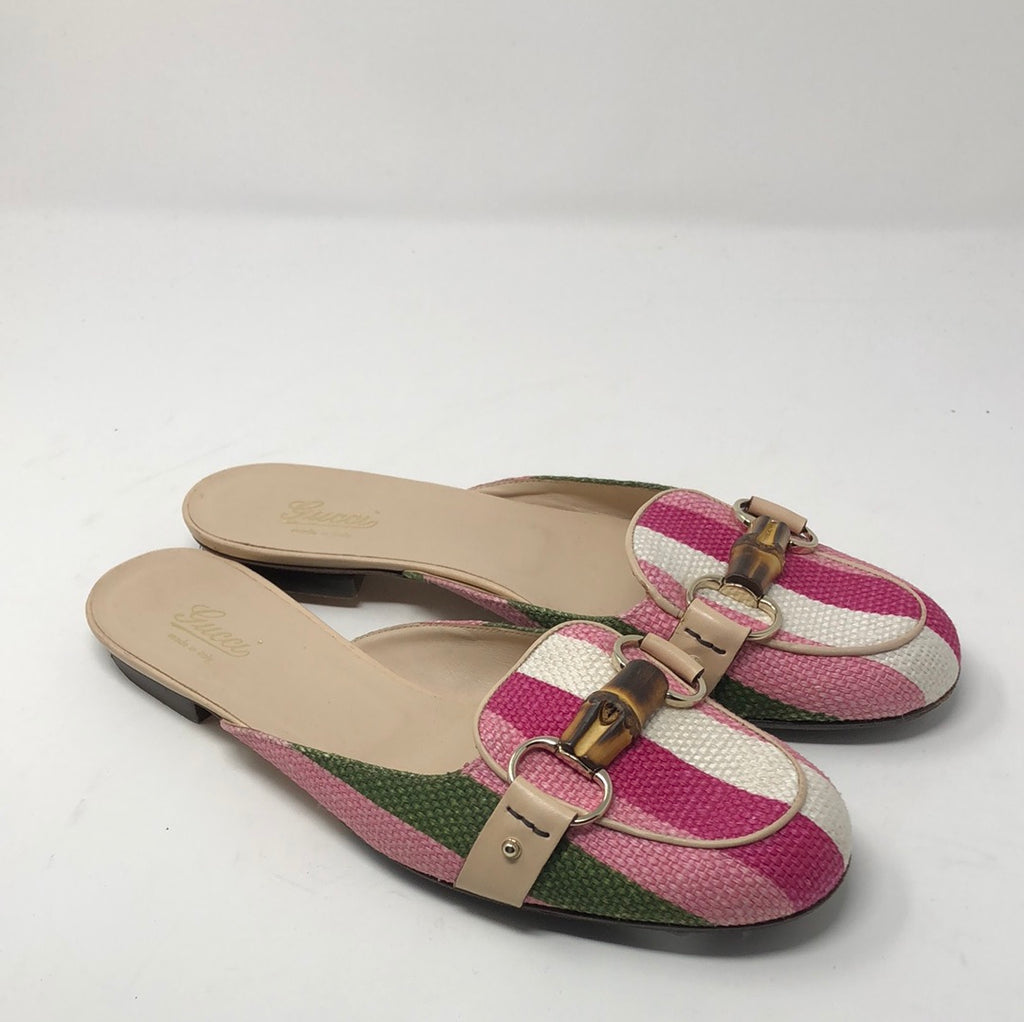 Gucci Pink, White and Green Striped Bamboo Mules