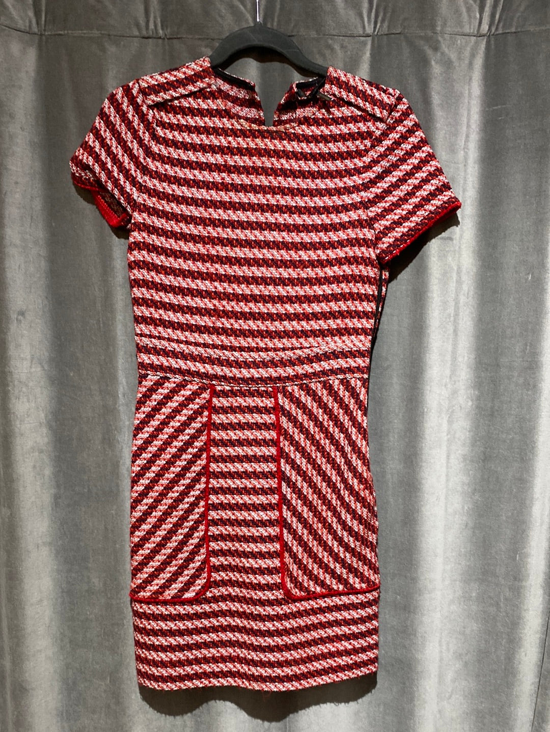 Maje Red Tweed Knit Fit and Flare Short Sleeve Dress