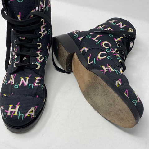 Chanel Lace Up Fabric Black Boots with Vintage 90's Colorful Letters