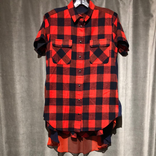 SACAI Navy and Red Plaid Collared Top with Sheer Back