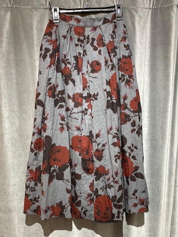 Erdem 'Sadie' Grey Pleated midi skirt with Maroon Roses