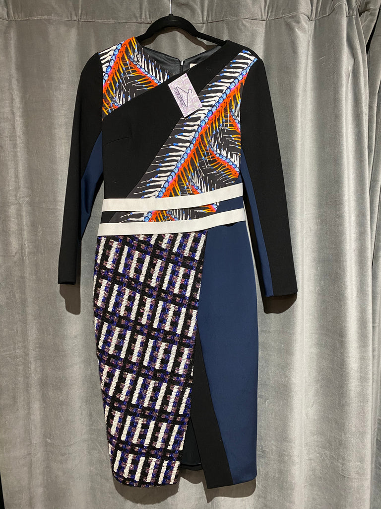 Peter Pilotto Black Long Sleeve V Neck Dress with Navy and Tweed Columns