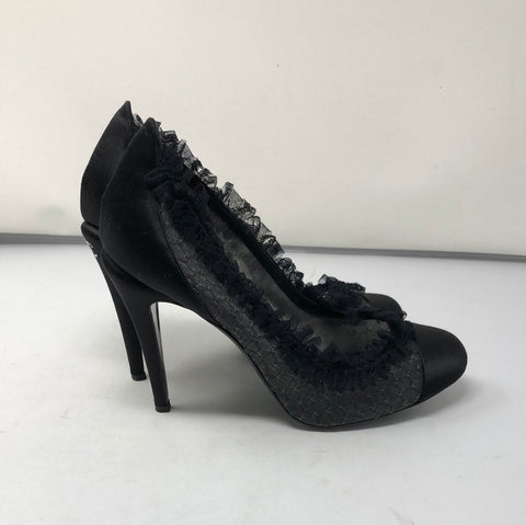 CHANEL Black Satin Toe and Tule Trim Heel