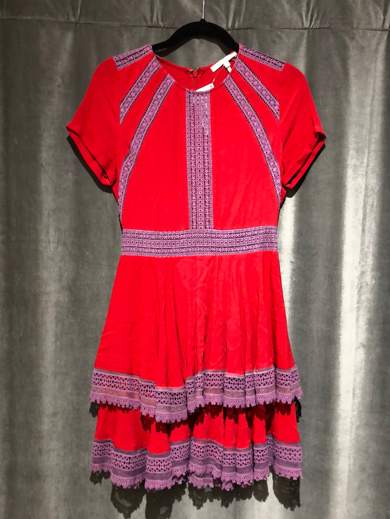 Maje Red and Purple Lace Trim Short Sleeve Dress The Hangout Maje Red and Purple Lace Trim Short Sleeve Dress The Hangout