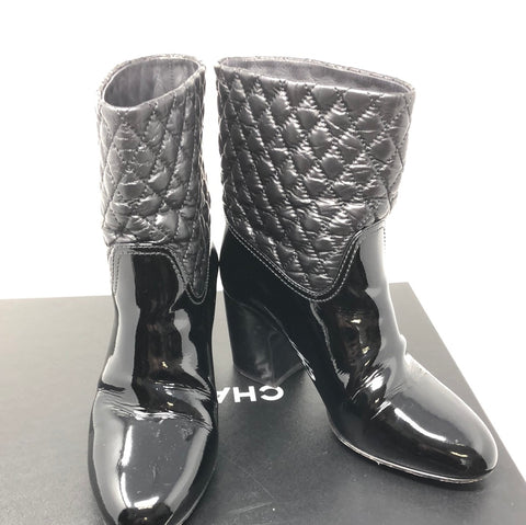 Chanel Black Patent Leather and Quilted Short Boots
