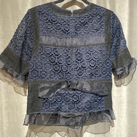 Rebecca Taylor Navy and Black Short Sleeve Lace Multi Fabric Top