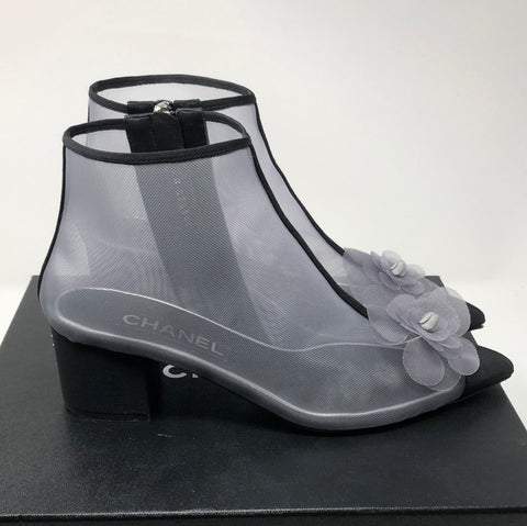 Chanel Grey Mesh Side Zip Short Booties with Flower