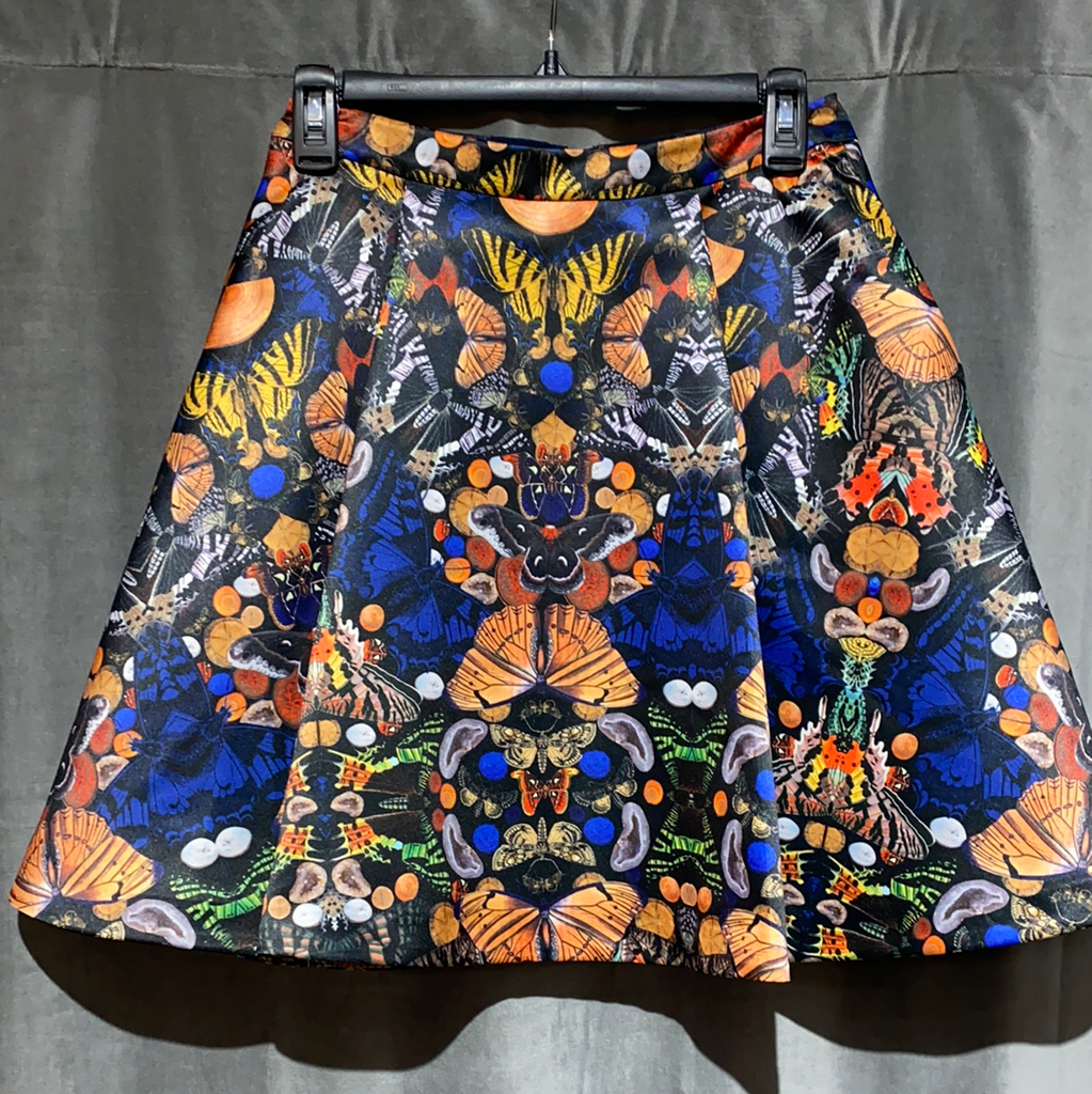 Alice and Olivia Satin Pleated Butterfly Print Mini Skirt