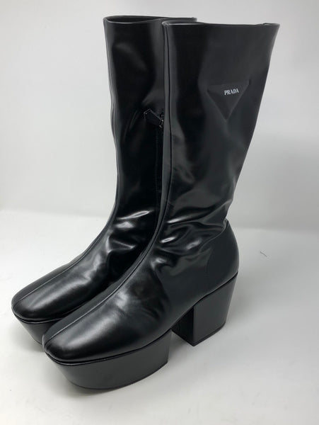 Prada Black Leather Platform Midi Boots
