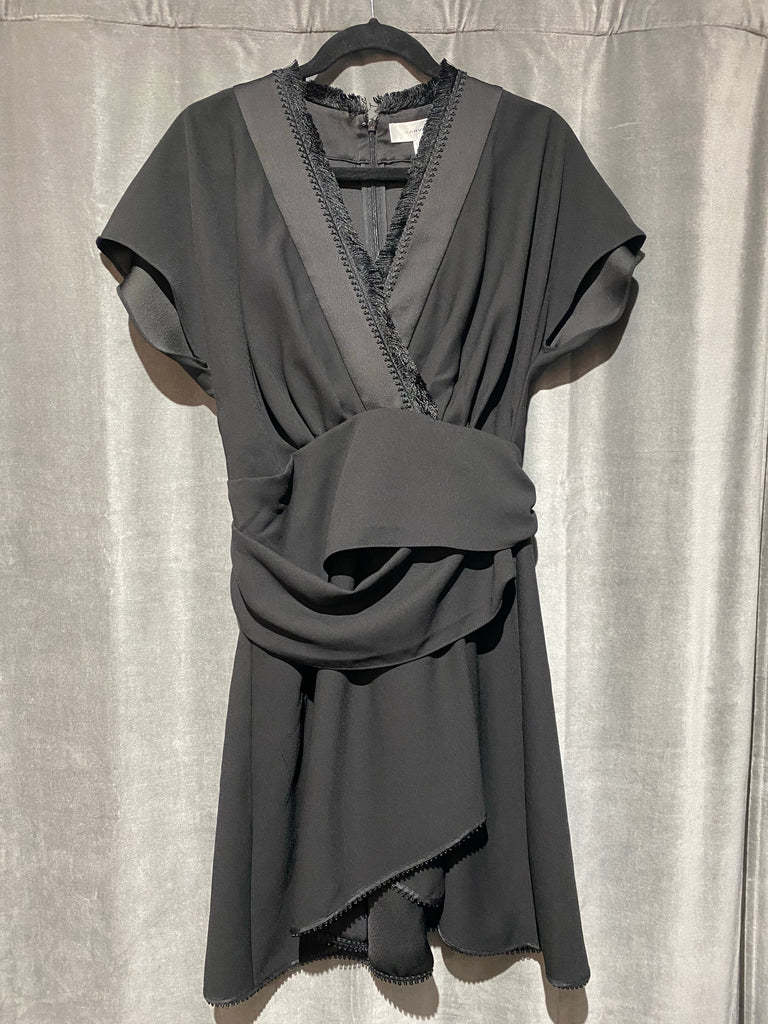 Carven Black Short Sleeve Dress with Fringe Trim V Neck