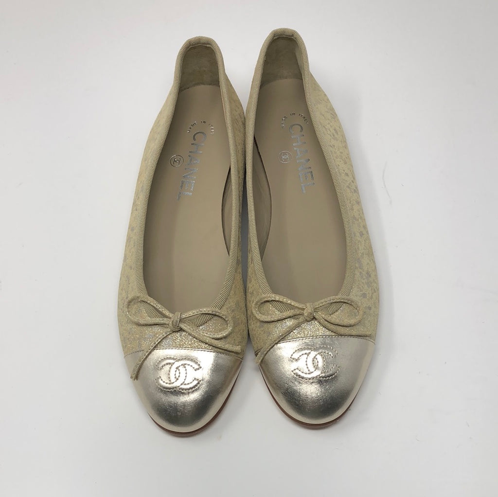 Chanel Gold Distressed Leather Ballenrina Flat with CC toe Detail and Bow