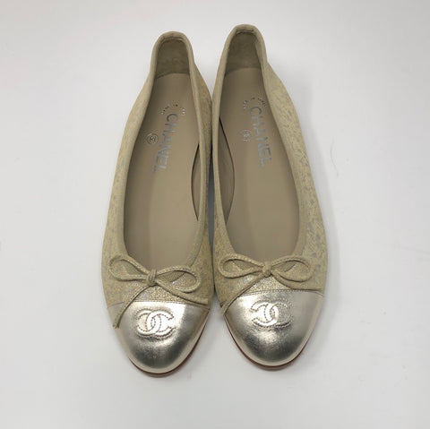 Chanel Gold Distressed Leather Ballenrina Flat with CC toe Detail and Bow