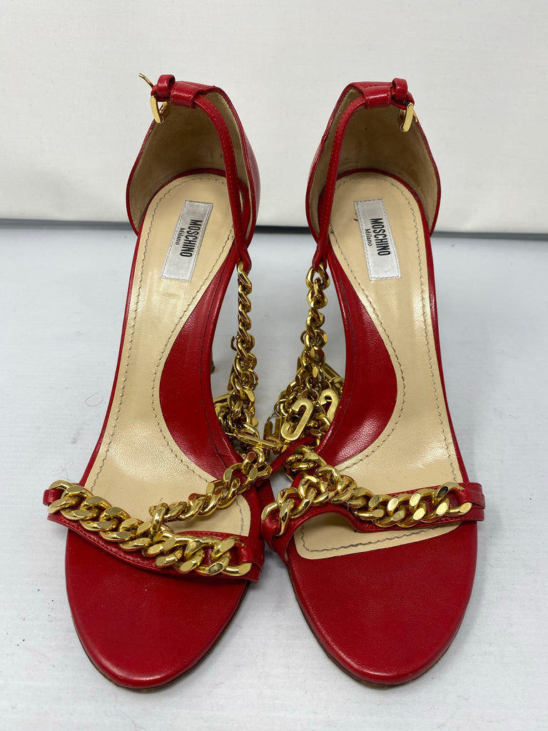 Moschino T-Strap Logo Chain Sandals Red leather