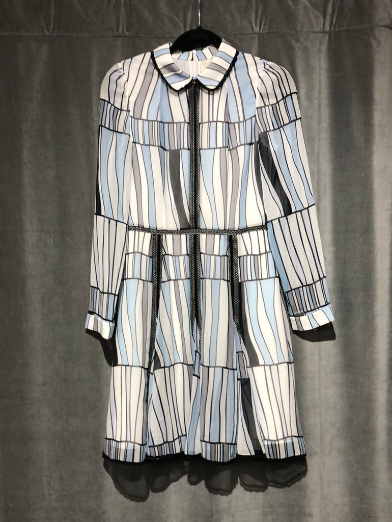BORA AKSU CHIFFON Striped White Blue and Grey Long Sleeve Dress