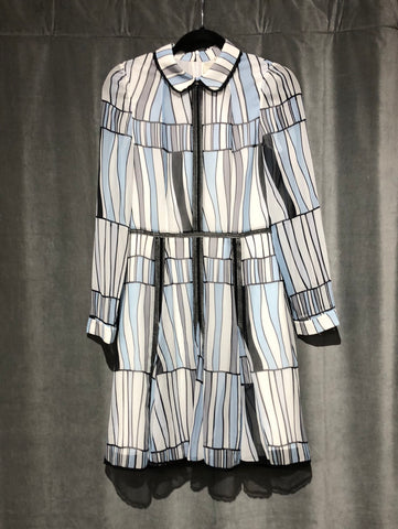 BORA AKSU CHIFFON Striped White Blue and Grey Long Sleeve Dress