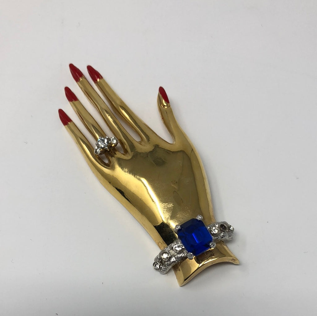 VINTAGE: Gold Plated Hand Broach with Gem braclet and ring