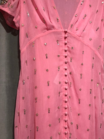 Love Shack Fancy Pink Short Sleeve Sheer Maxi Dress with Crystal and Sequin Accent