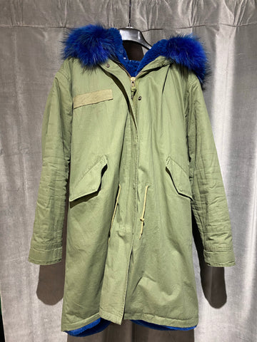 Lola Belle Green Jacket with Blue Lining and Blue Fur Lined Hood