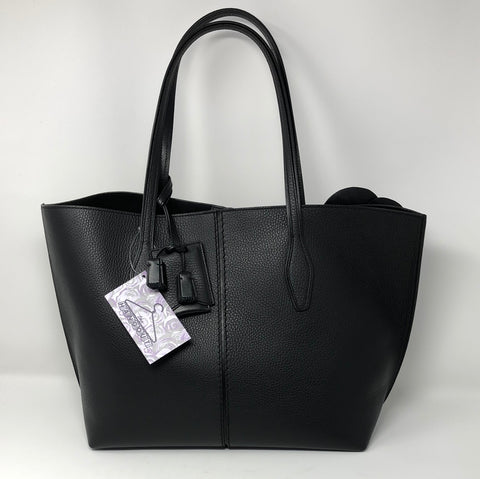 TOD'S Black Leather Tote Bag with Leather/Patent Leather Flowers
