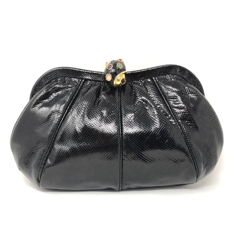 Vintage: Judith Leiber Snakeskin Black and Green Shoulder Bag with Snail Gem Clasp