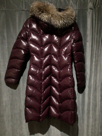 Moncler Burgundy Fulmarus Fur Trim Chevron Coat