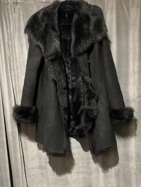 Hide Society Black Shearling Sheepskin Coat with Fur Cuffs