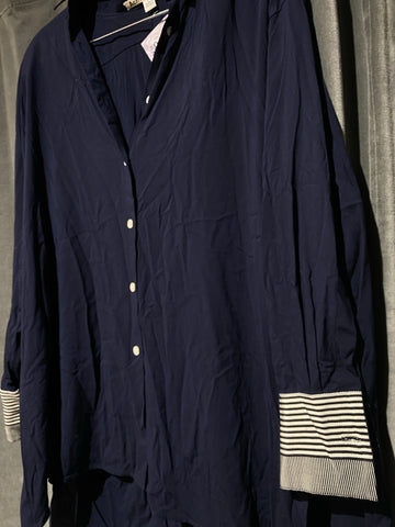 Acne Studios Navy Button Down Collared Top with Stretch and Striped Cuffs