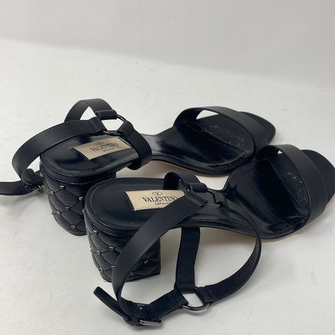 Valentino Black Leather Quilted Chunky Heel Sandal