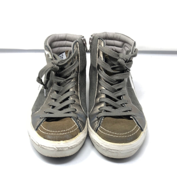 Golden Goose Green Fabric and Leather Side Zip High Top Sneaker