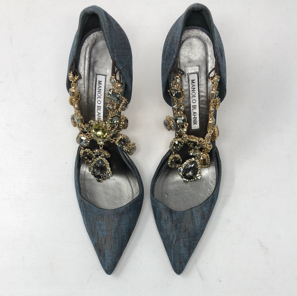 Manolo Blahnik Slate Blue and Bronze Fabric Pump with Foot Necklace