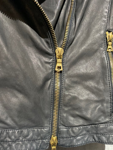 Drome Black Lambskin Leather Jacket with Gold Studded Shoulder and Side Zipper